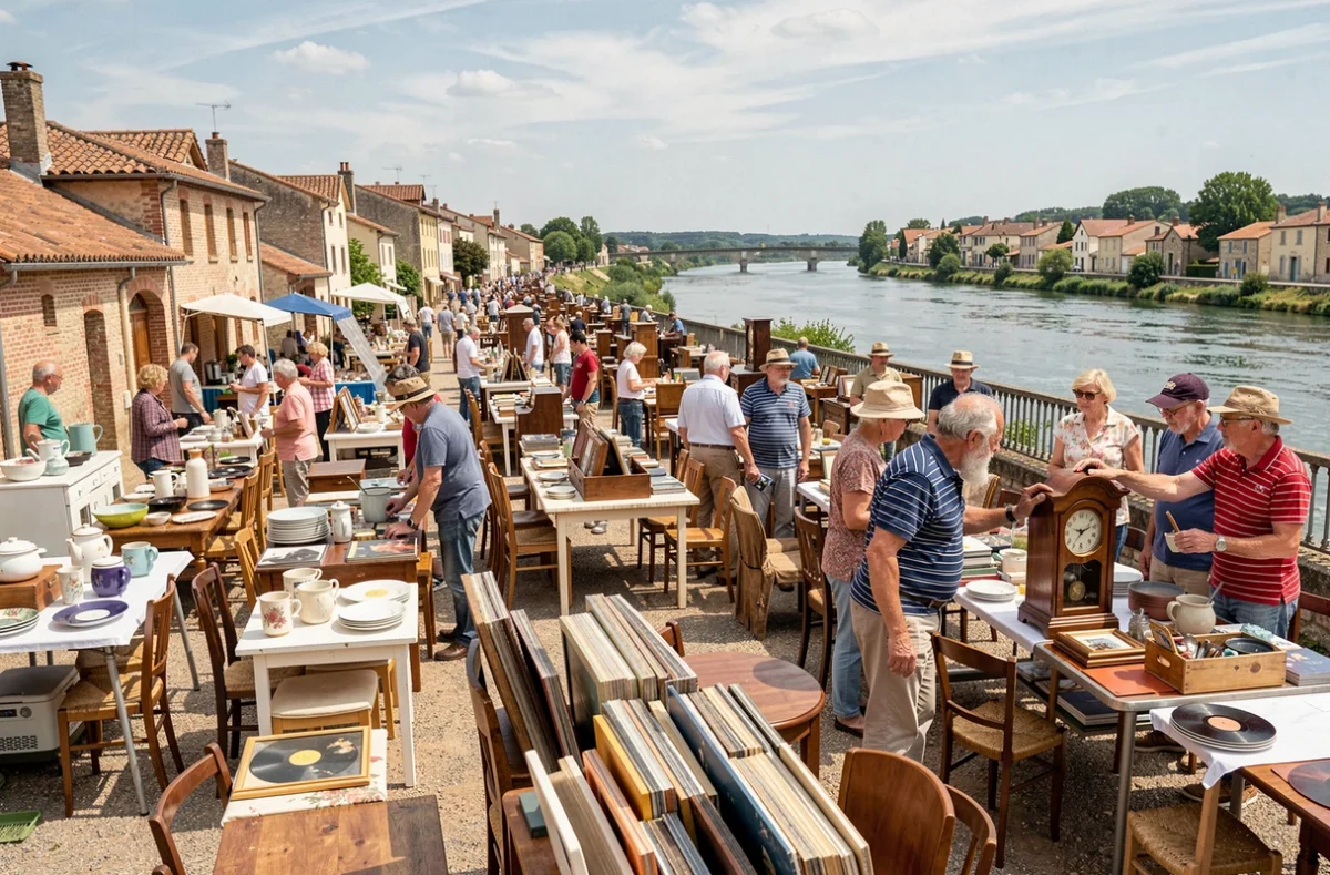 Vue panoramique d'un grand vide grenier au bord de la Garonne en Lot-et-Garonne avec de nombreux exposants