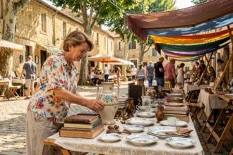 Femme examinant une céramique ancienne sur un stand de vide grenier dans une place de village en Lot-et-Garonne