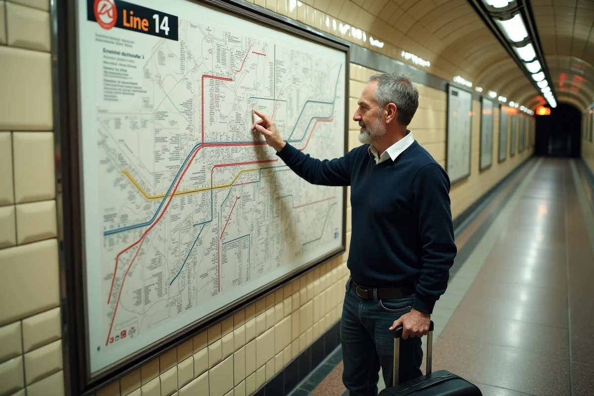 Voyageur avec valise qui examine le schéma du métro parisien ligne 14 affiché sur le mur d'une station