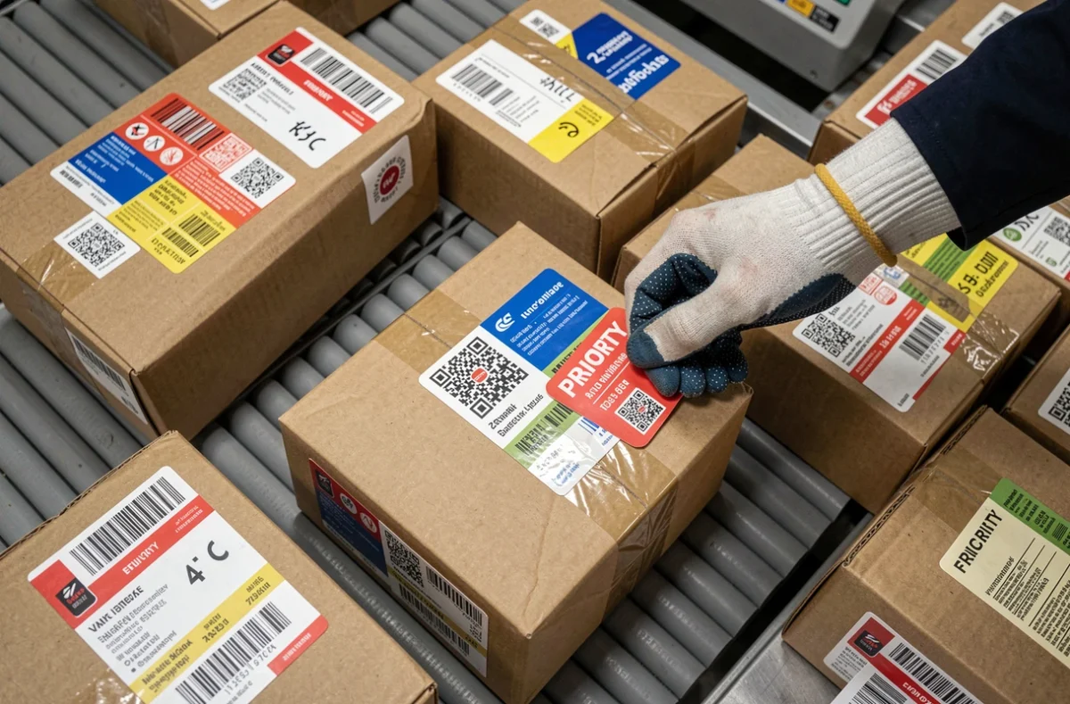 Vue aérienne de colis avec étiquettes de suivi sur tapis de tri dans une plateforme logistique