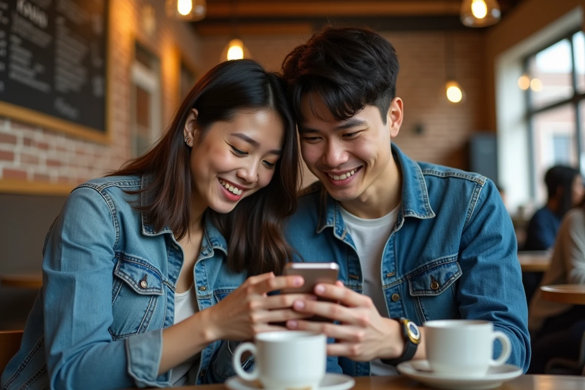 Deux jeunes adultes consultant des webtoons ensemble sur un smartphone dans un café urbain